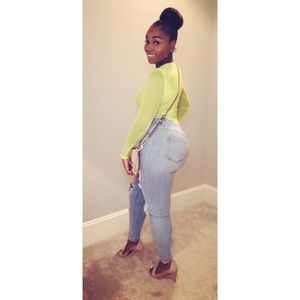 Long Sleeve Round Neck Sheer Neon Green Bodysuit